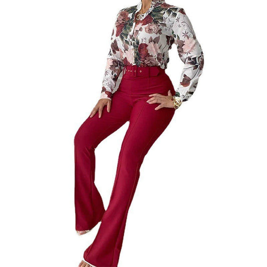 Women's Printed Long Sleeve Shirt and Wide Leg Pants Set