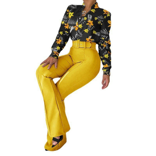 Women's Printed Long Sleeve Shirt and Wide Leg Pants Set