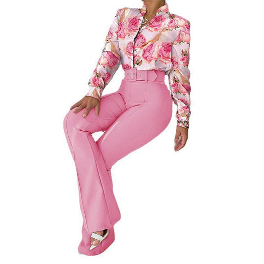 Women's Printed Long Sleeve Shirt and Wide Leg Pants Set