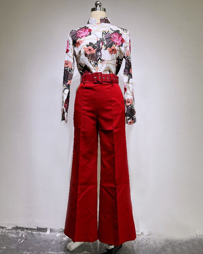Women's Printed Long Sleeve Shirt and Wide Leg Pants Set