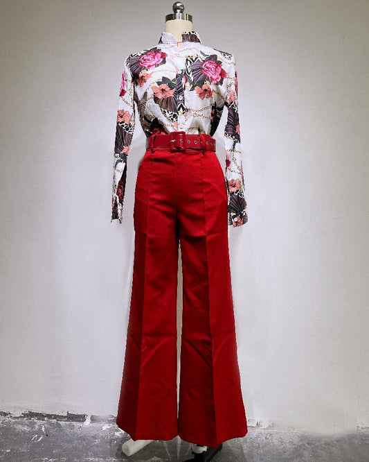 Women's Printed Long Sleeve Shirt and Wide Leg Pants Set