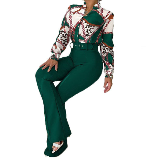 Women's Printed Long Sleeve Shirt and Wide Leg Pants Set