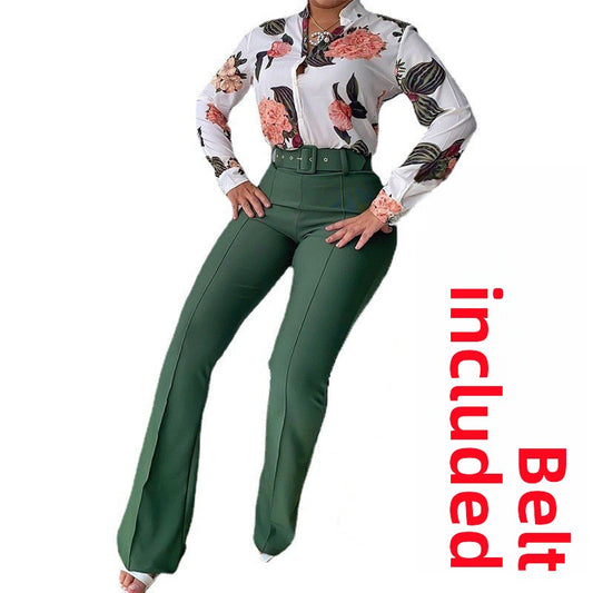 Women's Printed Long Sleeve Shirt and Wide Leg Pants Set