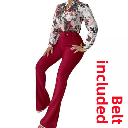 Women's Printed Long Sleeve Shirt and Wide Leg Pants Set