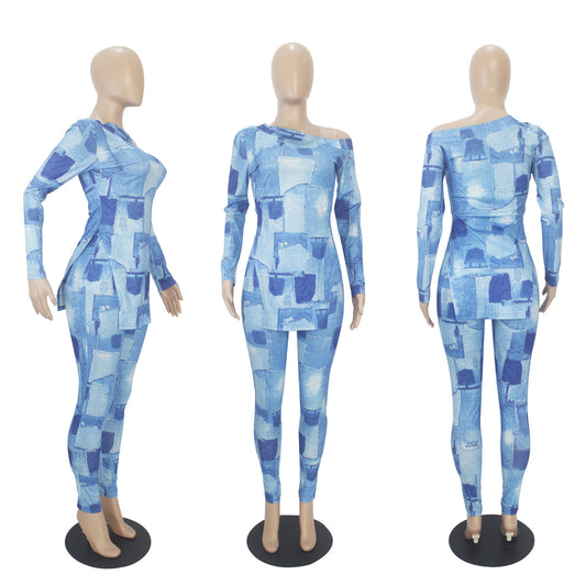 Women's printed long-sleeved long pants