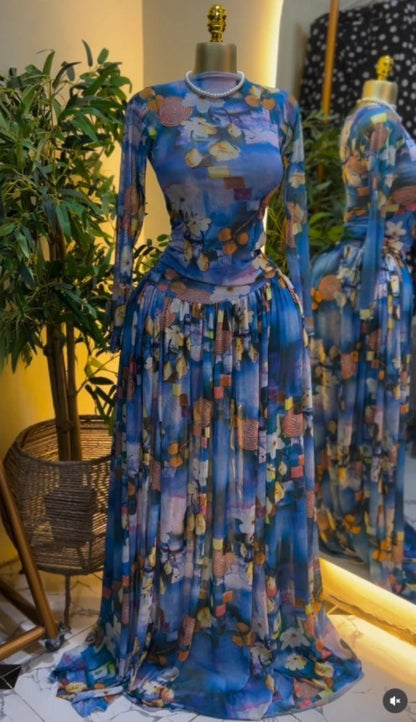 Women's Printed Mesh Pleated Long Dress