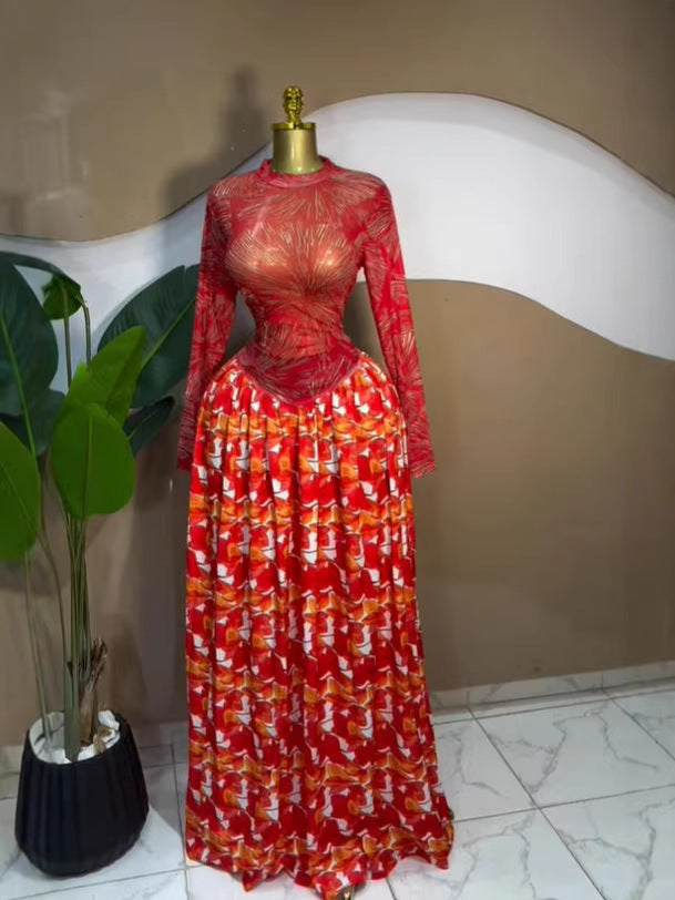 Women's Printed Mesh Pleated Long Dress