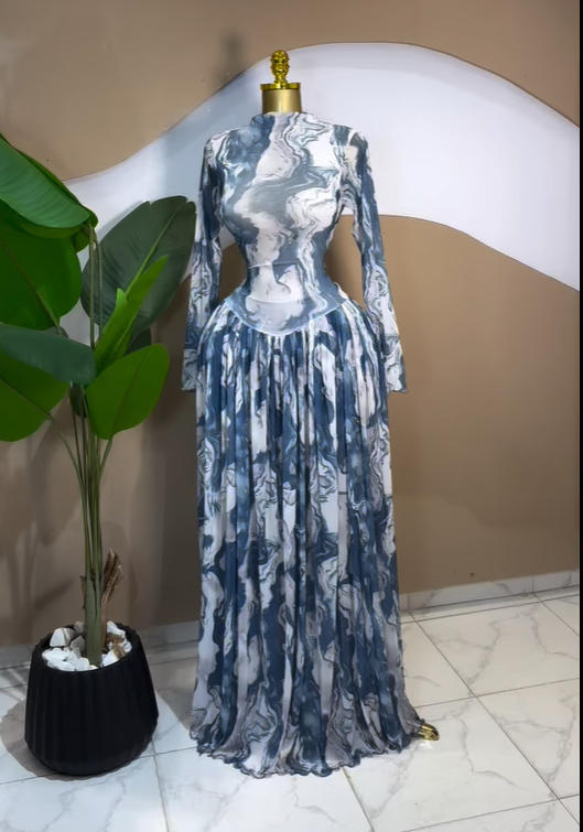 Women's Printed Mesh Pleated Long Dress