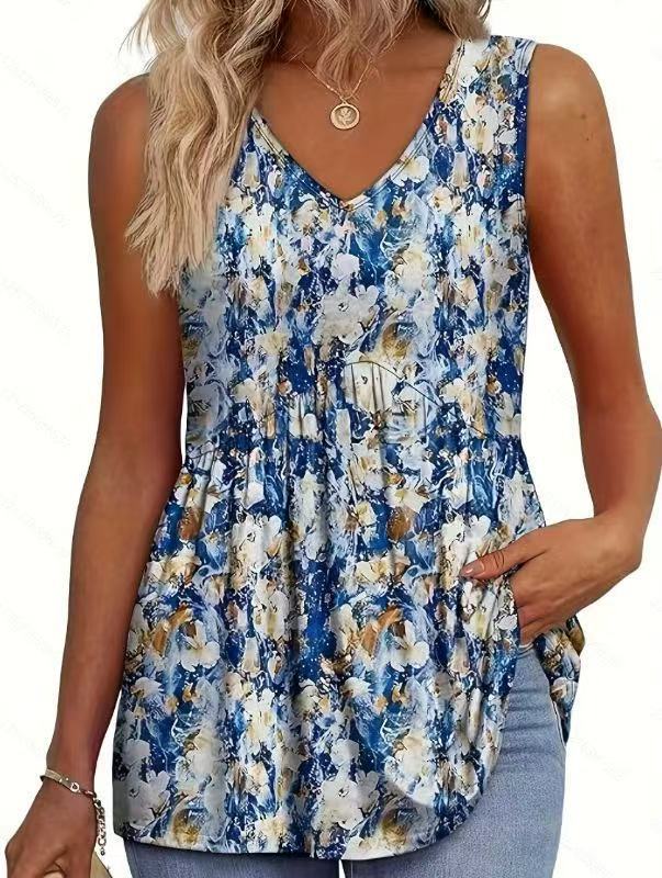 Women's printed pleated vest T-shirt