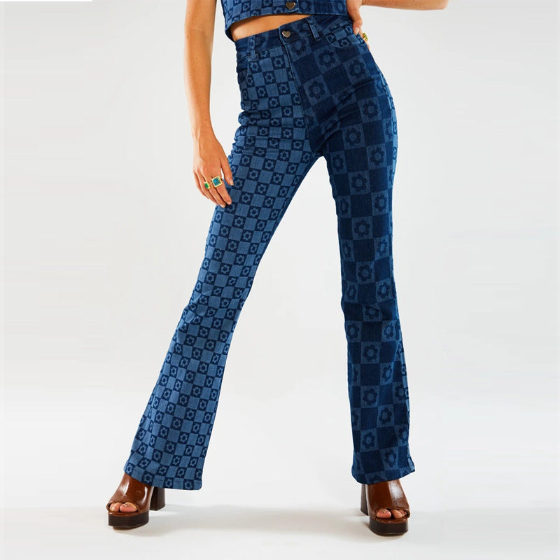Women's Printed Slim Fit Denim Wide-Leg Pants