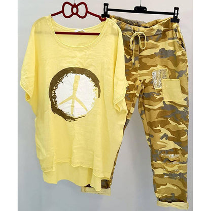 Women's Printed Top and Camouflage Trousers Casual Suit