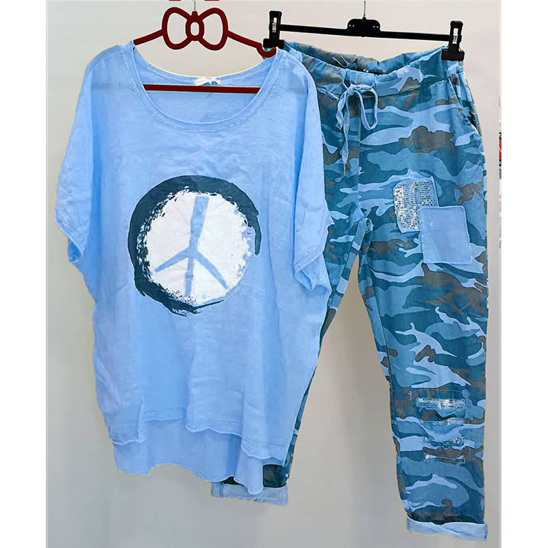 Women's Printed Top and Camouflage Trousers Casual Suit