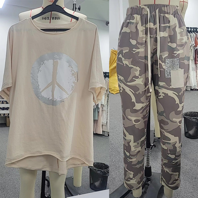 Women's Printed Top and Camouflage Trousers Casual Suit
