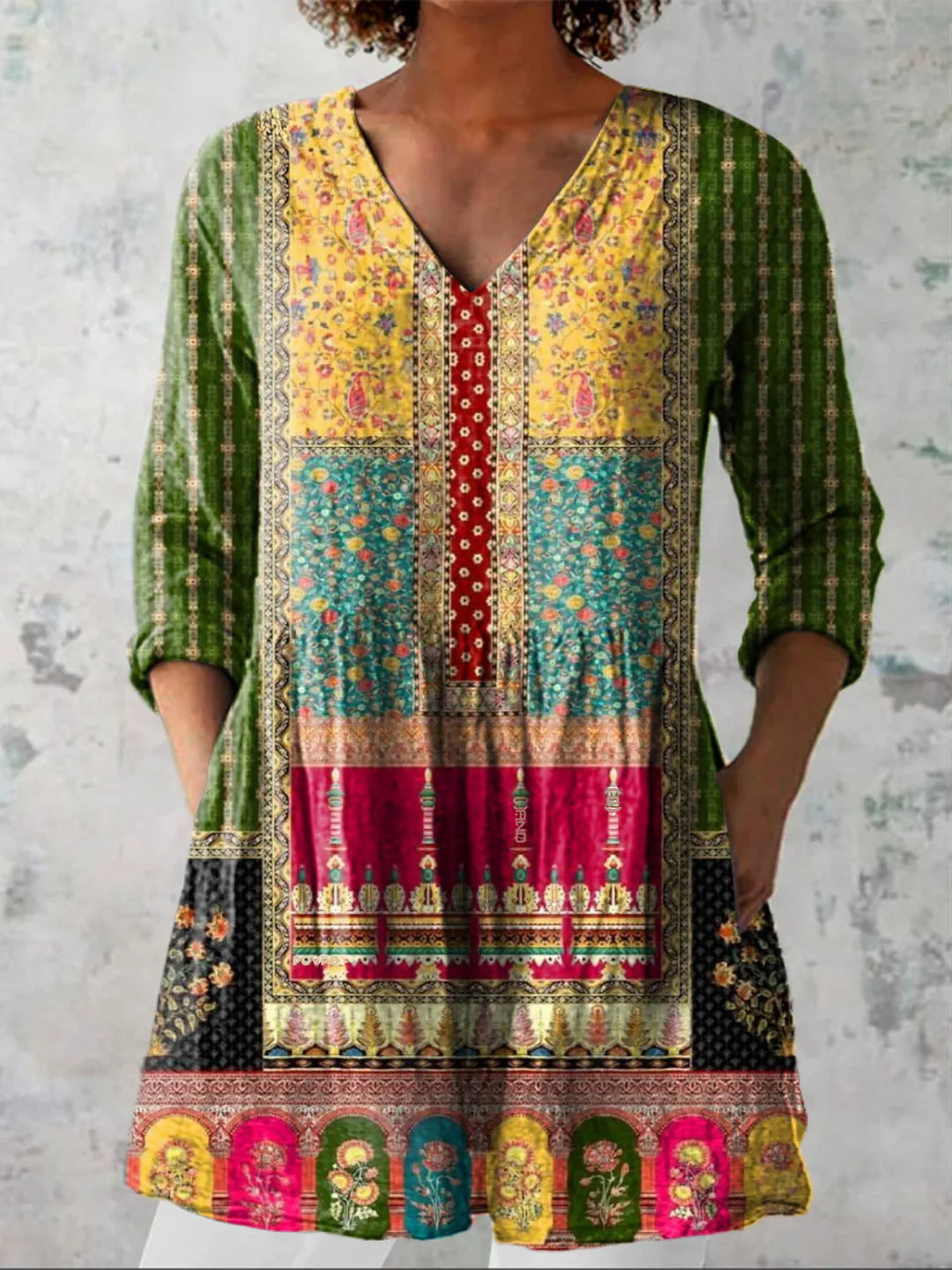 Women's printed V-neck loose-fitting summer dress with long sleeves