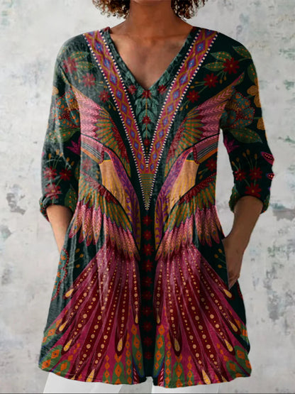 Women's printed V-neck loose-fitting summer dress with long sleeves