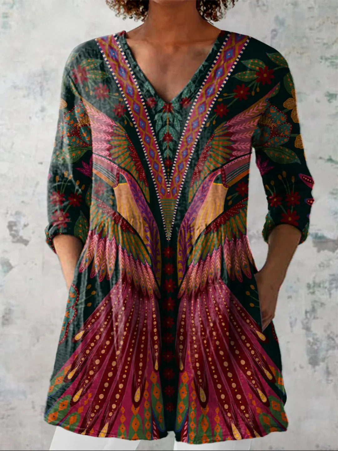 Women's printed V-neck loose-fitting summer dress with long sleeves