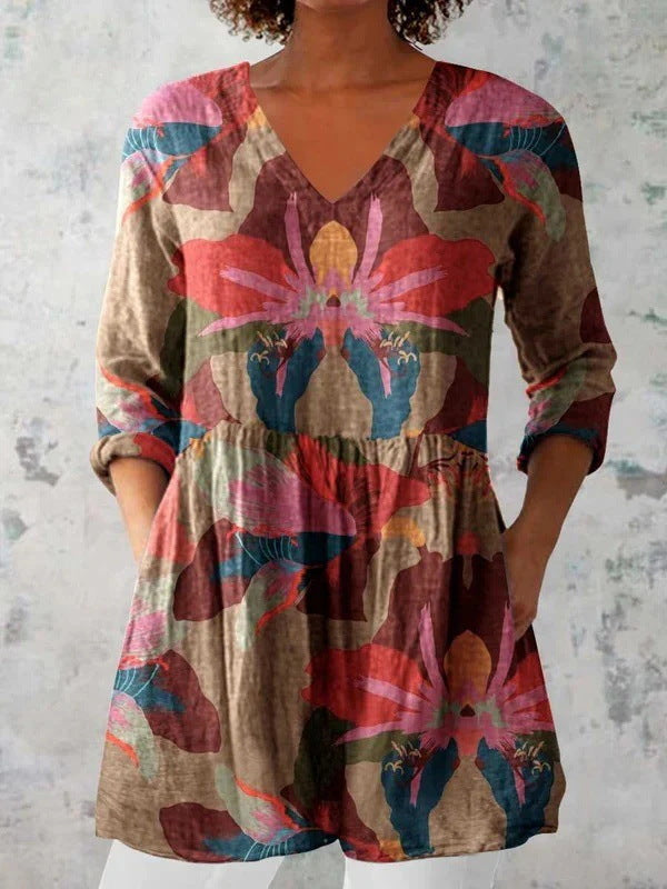 Women's printed V-neck loose-fitting summer dress with long sleeves