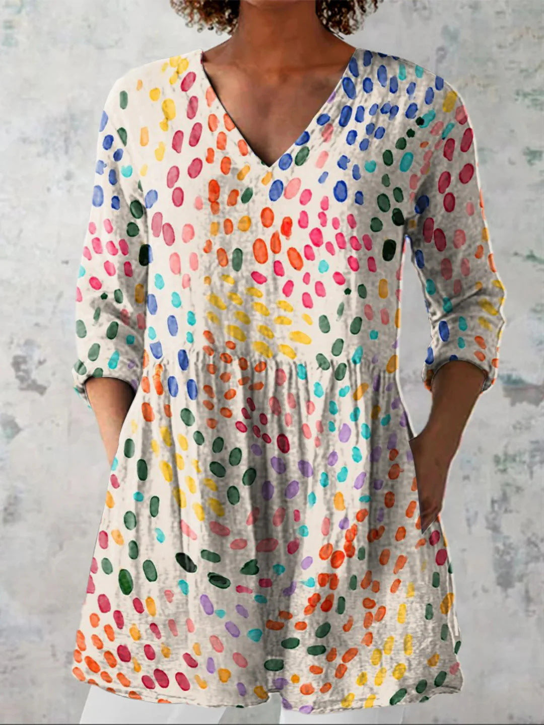 Women's printed V-neck loose-fitting summer dress with long sleeves