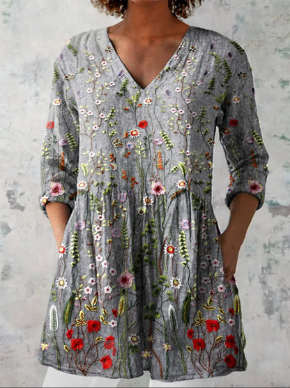 Women's printed V-neck loose-fitting summer dress with long sleeves