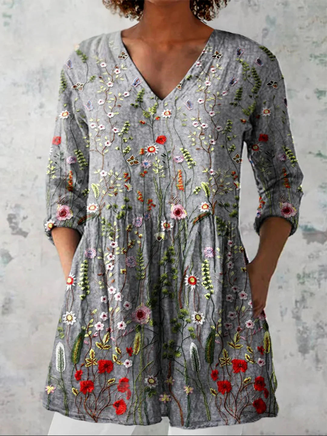 Women's printed V-neck loose-fitting summer dress with long sleeves