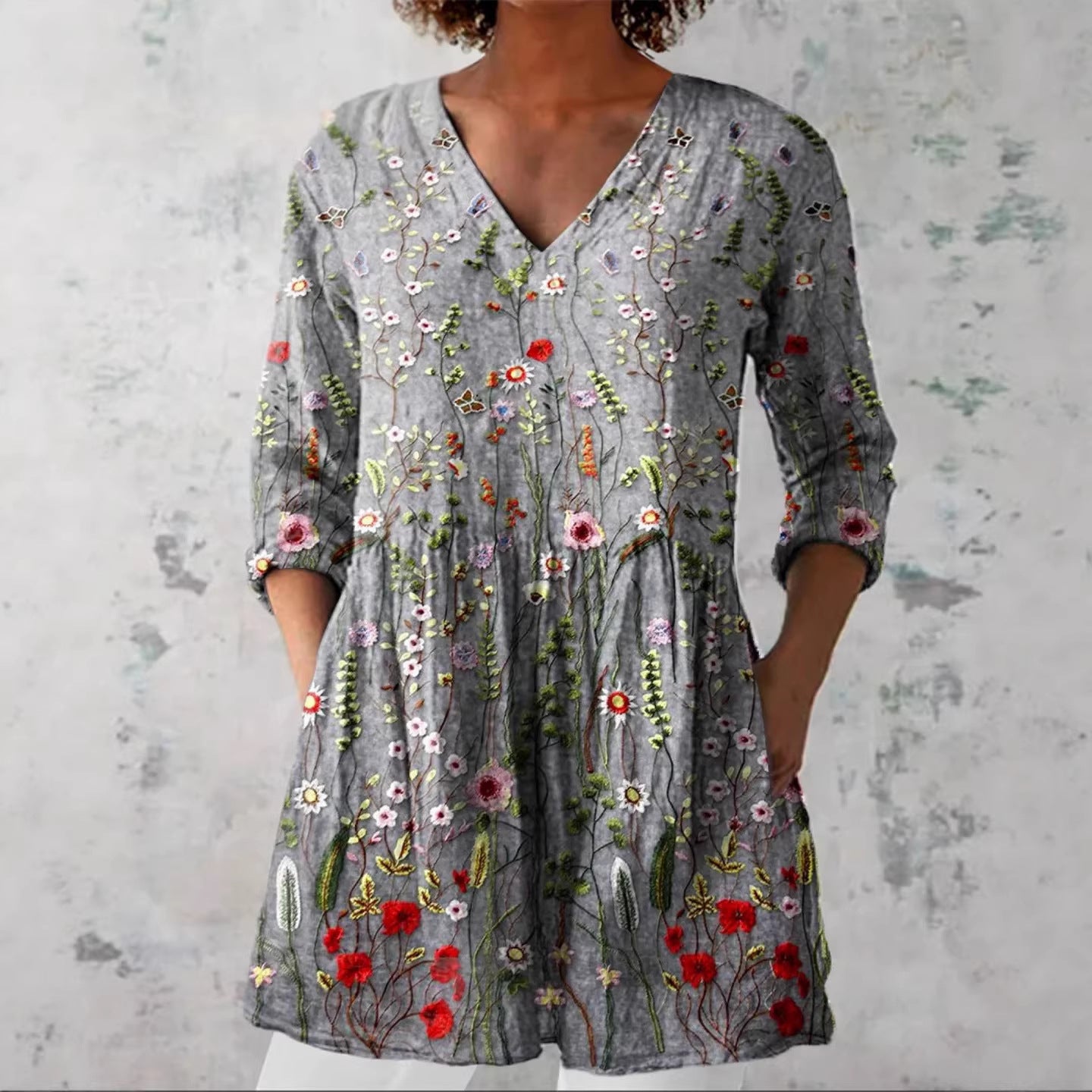 Women's printed V-neck loose-fitting summer dress with long sleeves