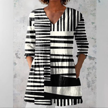 Women's printed V-neck loose-fitting summer dress with long sleeves