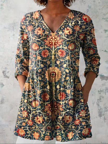 Women's printed V-neck loose-fitting summer dress with long sleeves