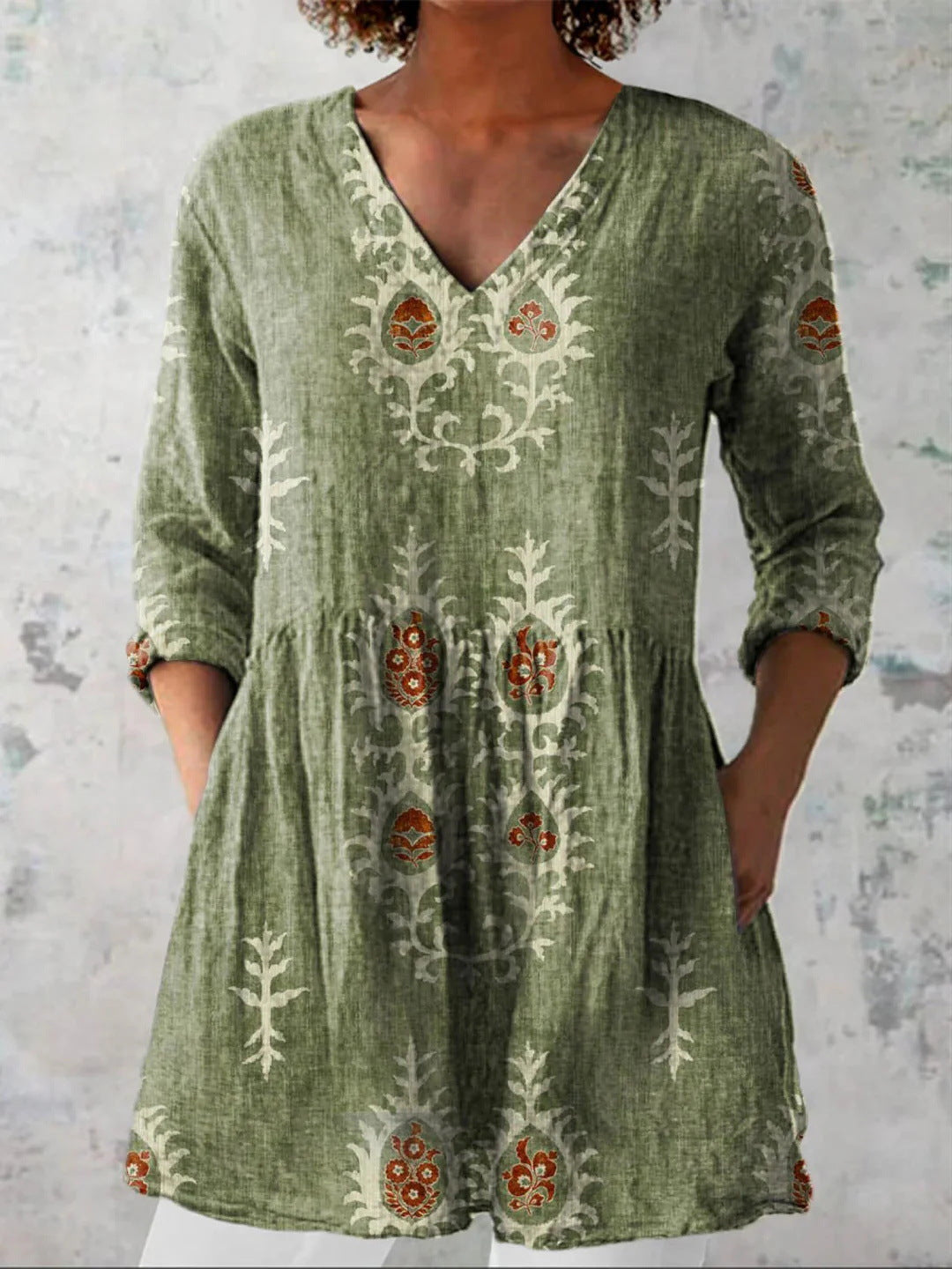 Women's printed V-neck loose-fitting summer dress with long sleeves