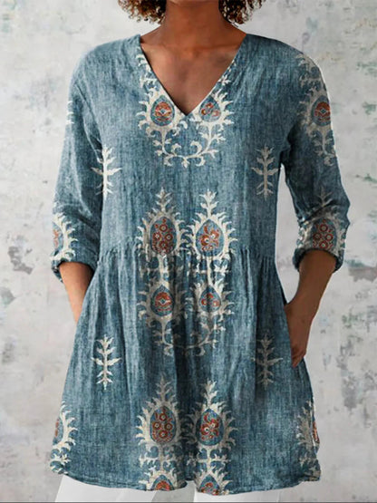 Women's printed V-neck loose-fitting summer dress with long sleeves