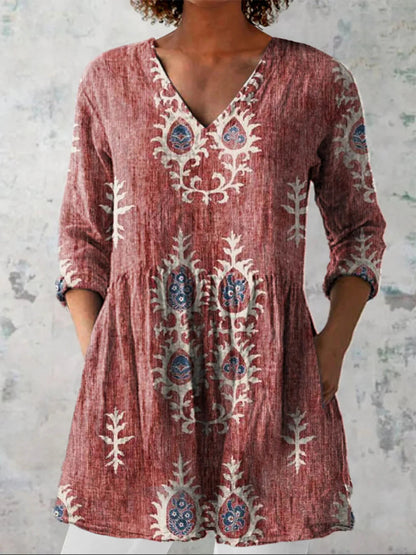 Women's printed V-neck loose-fitting summer dress with long sleeves