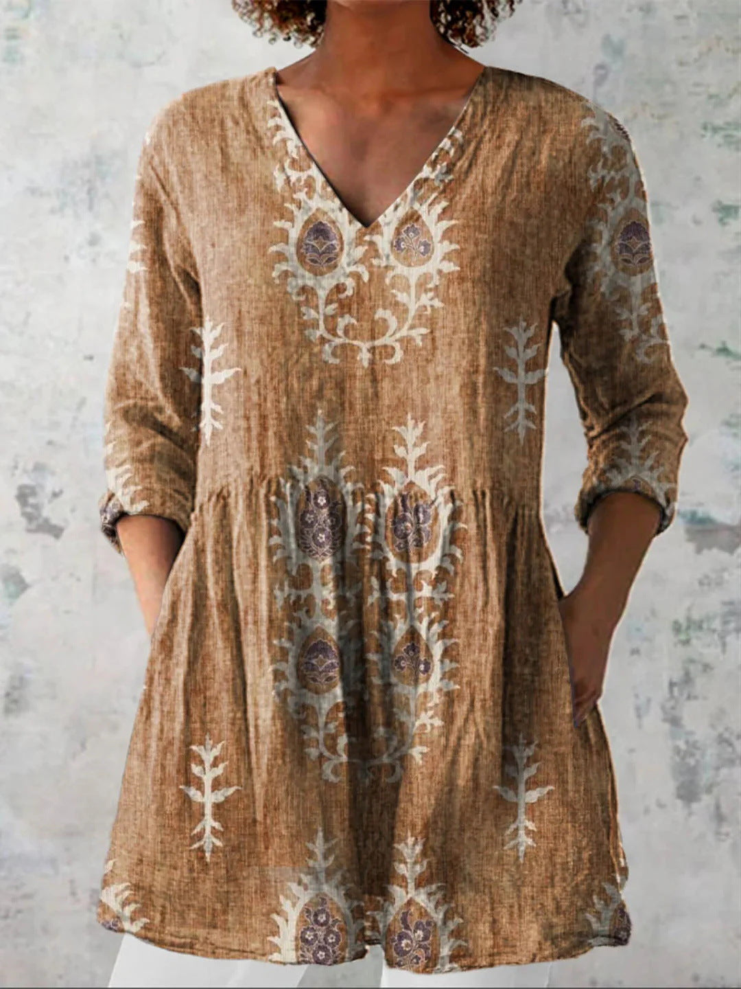 Women's printed V-neck loose-fitting summer dress with long sleeves
