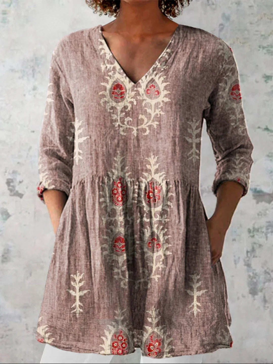 Women's printed V-neck loose-fitting summer dress with long sleeves