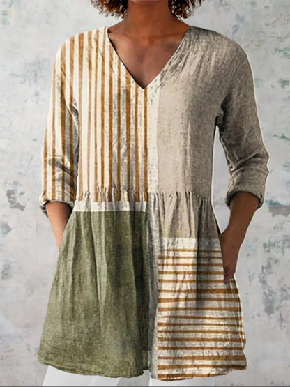 Women's printed V-neck loose-fitting summer dress with long sleeves