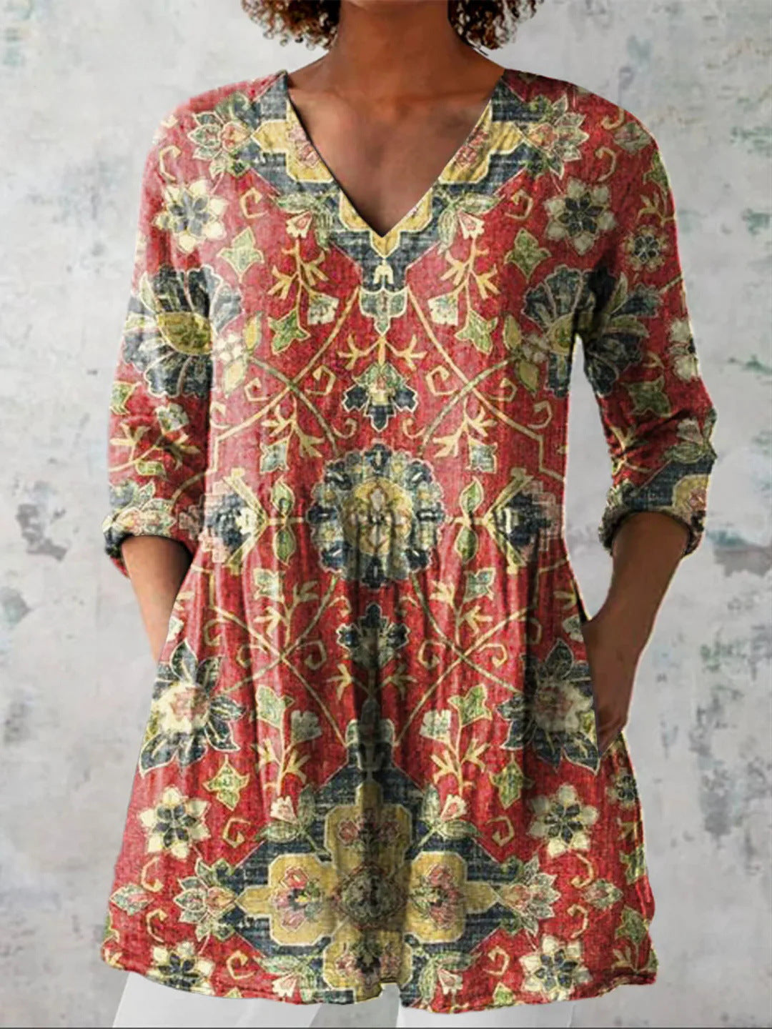 Women's printed V-neck loose-fitting summer dress with long sleeves