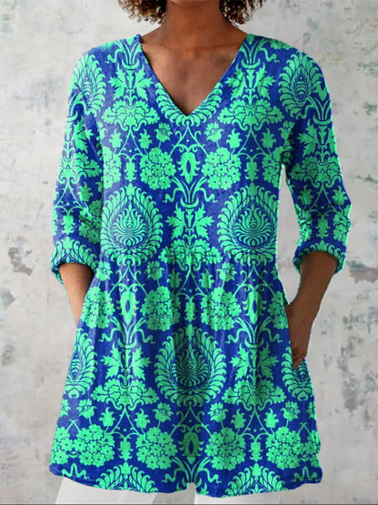 Women's printed V-neck loose-fitting summer dress with long sleeves