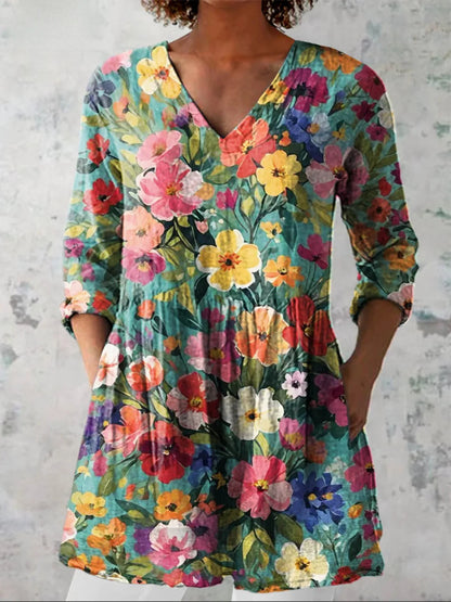 Women's printed V-neck loose-fitting summer dress with long sleeves