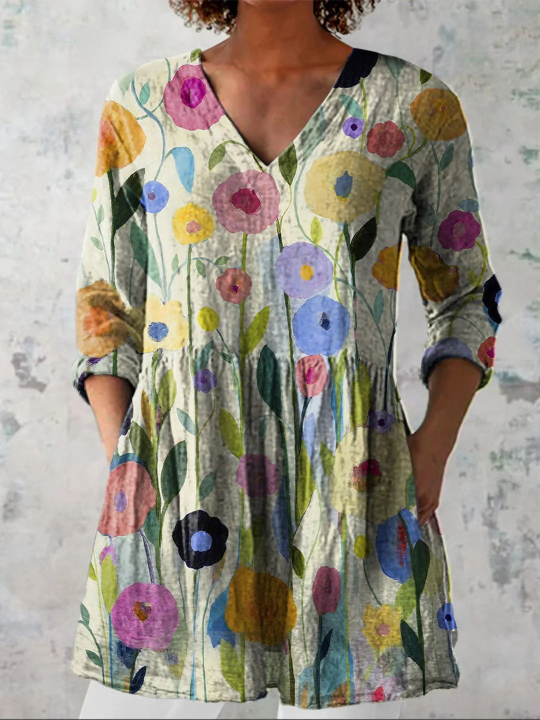 Women's printed V-neck loose-fitting summer dress with long sleeves