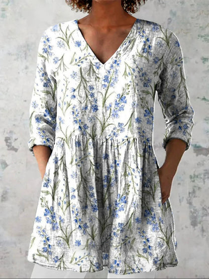 Women's printed V-neck loose-fitting summer dress with long sleeves