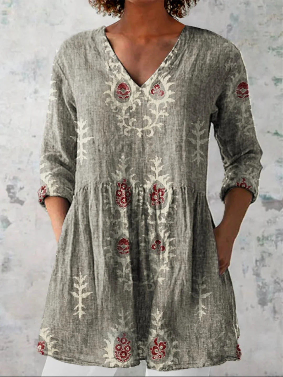 Women's printed V-neck loose-fitting summer dress with long sleeves