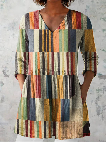 Women's printed V-neck loose-fitting summer dress with long sleeves