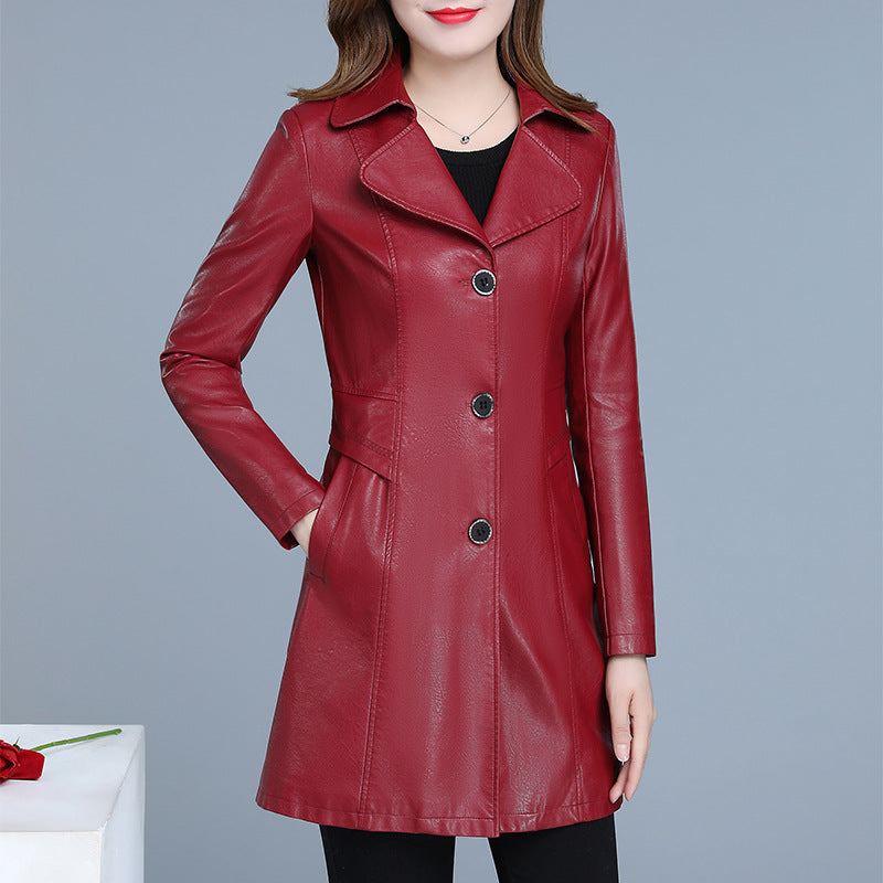 Women's PU Leather Jacket Mid-Length Slim Fit Trench Coat