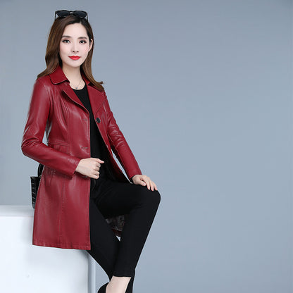 Women's PU Leather Jacket Mid-Length Slim Fit Trench Coat