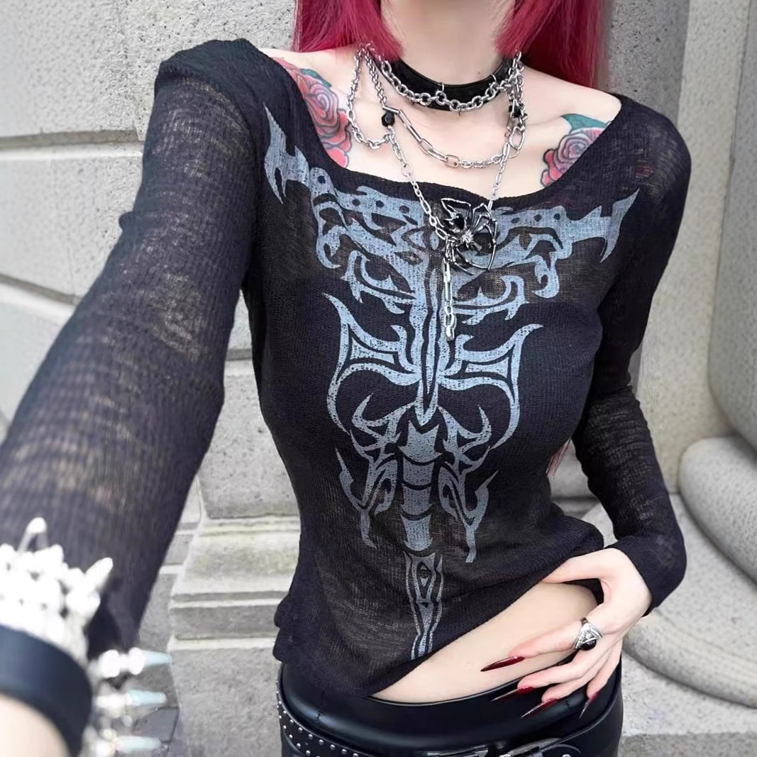 Women's Punk Retro Cut-Out Long Sleeve T-Shirt