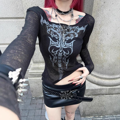 Women's Punk Retro Cut-Out Long Sleeve T-Shirt