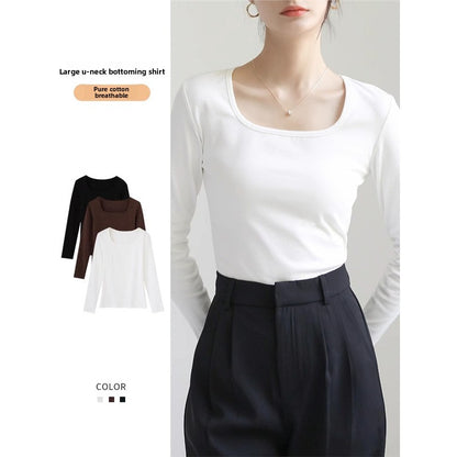 Women's Pure Cotton Slim-Fit Square Neck Long-Sleeve T-Shirt