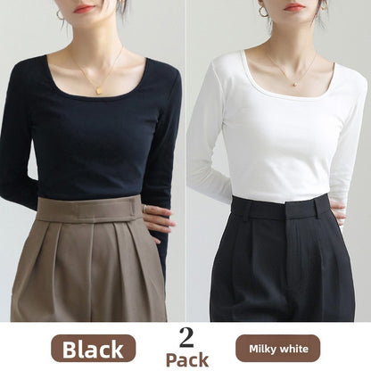 Women's Pure Cotton Slim-Fit Square Neck Long-Sleeve T-Shirt