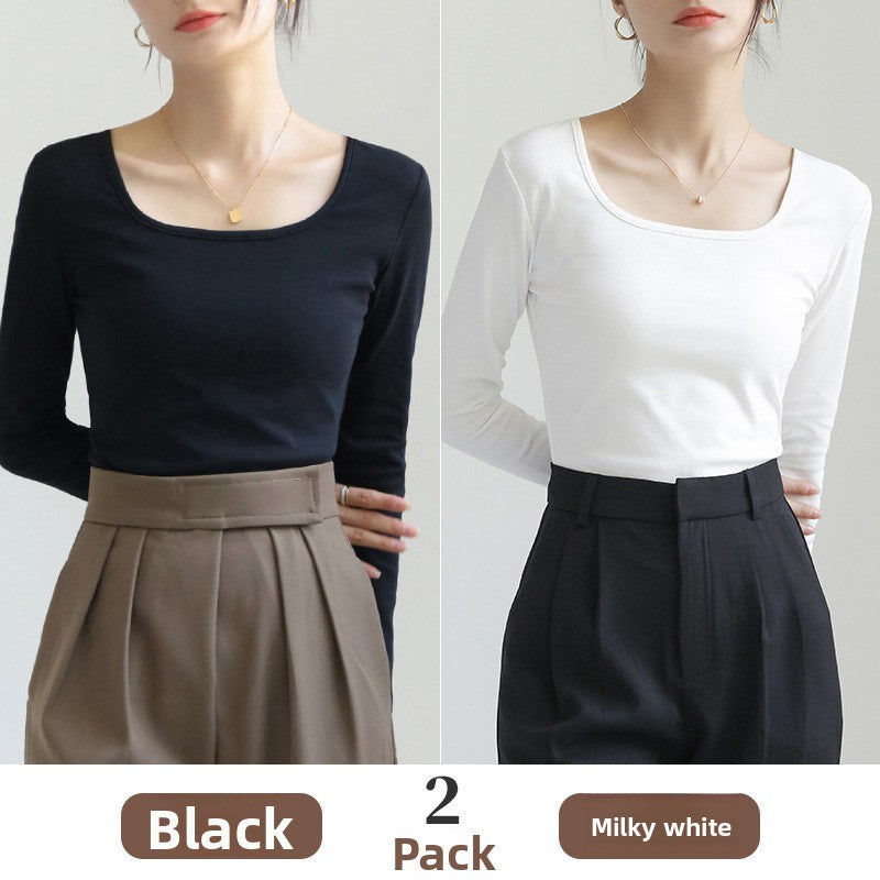 Women's Pure Cotton Slim-Fit Square Neck Long-Sleeve T-Shirt