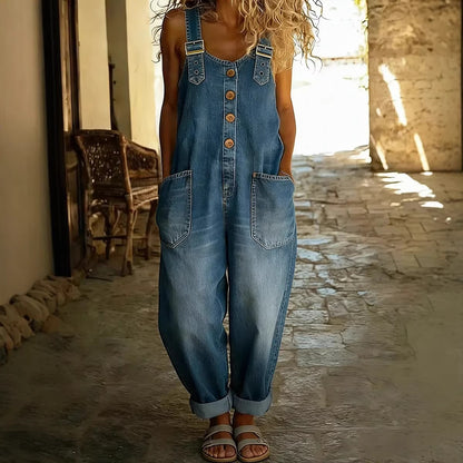 Women's Retro Denim Overalls with Adjustable Buckle