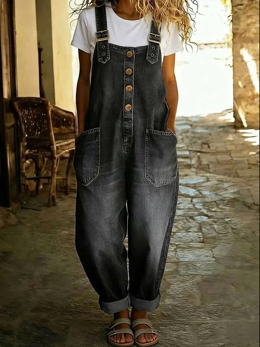 Women's Retro Denim Overalls with Adjustable Buckle