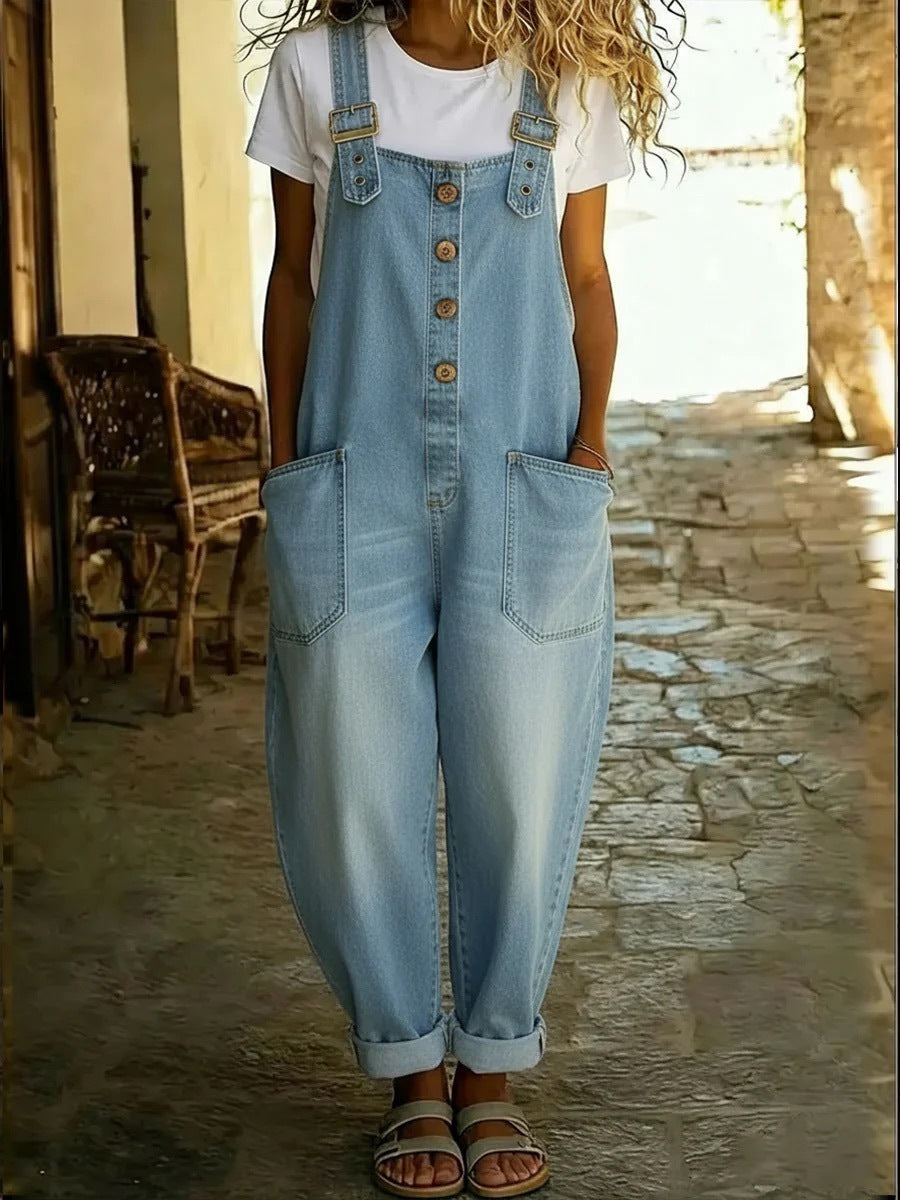 Women's Retro Denim Overalls with Adjustable Buckle